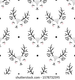 Cute Deer and Star Background for Kids Fashion. Vector Seamless  Childish Pattern with Cartoon Doodle Reindeers and Stars. Christmas or New Year Holiday Wallpaper, Wrapping Paper