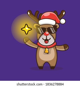 Cute Deer and Star Light Vector. Christmas Cartoon Vector Illustration Design. Flat Icon Concept. Flat Cartoon Style Suitable for Web Landing Page, Banner, Sticker, Background