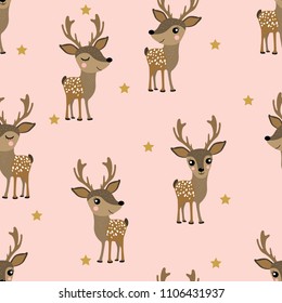 Cute deer and star seamless pattern. Wildlife cartoon background. Forest animal character.