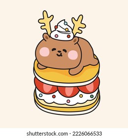 Cute deer stay on pancake strawberry flavor cartoon.Animal funny character design.Winter wild animal.Kawaii.Vector.Illustration.