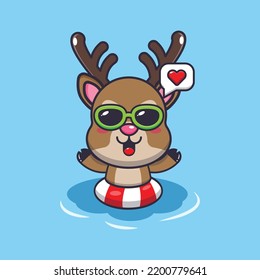 Cute deer in sunglasses swimming on beach cartoon illustration.