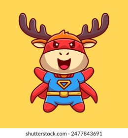 Cute Deer Super Hero Cartoon Vector Icon Illustration. Animal Holiday Icon Concept Isolated Premium Vector. Flat Cartoon Style