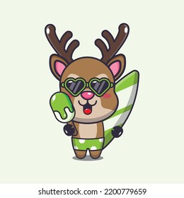 
Cute deer with surfboard holding ice cartoon illustration.