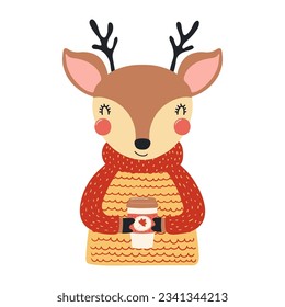 Cute deer in sweater holding paper coffee cup character illustration. Hand drawn animal, Scandinavian style flat design, isolated vector. Kids autumn, fall print, element, seasonal activity