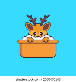 Cute deer taking a bath in the bathtub. Animal cartoon concept isolated. Can used for t-shirt, greeting card, invitation card or mascot.