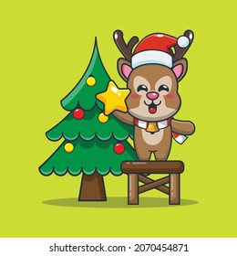 Cute deer taking star from christmas tree. Cute christmas cartoon illustration.