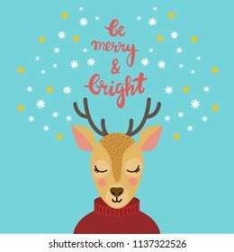Cute deer with text merry and bright, Christmas greeting card. Vector illustration.