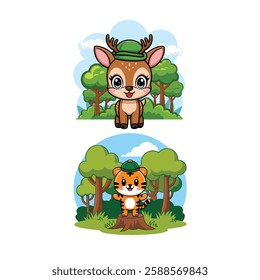Cute Deer And Tiger Colorful vector design illustration