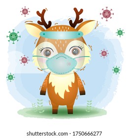 cute deer using face shield and mask.  Covid-19,  coronavirus vector illustration.