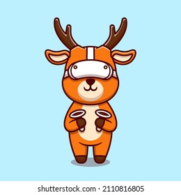 Cute deer using virtual reality headset cartoon icon illustration. Animal technology mascot character concept isolated vector. Flat cartoon style