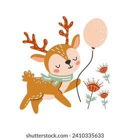 Cute deer. Vector children's illustration with forest animal. Reindeer with balloon. Postcard, print for clothes, printing. White isolated background. 