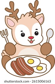 Cute Deer vector icon. Funny baby Deer animal series stock illustration. Life of fluffy Deer designs.
baby deer want to eating bacon and eggs

