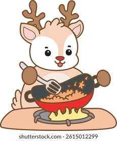 Cute Deer vector icon. Funny baby Deer animal series stock illustration. Life of fluffy Deer designs. baby deer cooking a fried rice
