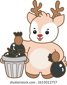 Cute Deer vector icon. Funny baby Deer animal series stock illustration. Life of fluffy Deer designs. baby deer throw a rubbish to the garbage
