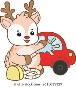 Cute Deer vector icon. Funny baby Deer animal series stock illustration. Life of fluffy Deer designs. baby deer washing a car

