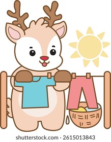 Cute Deer vector icon. Funny baby Deer animal series stock illustration. Life of fluffy Deer designs. baby deer dry and clean the pants and clothes
