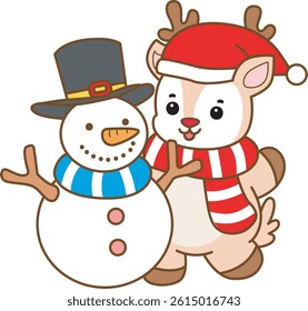 Cute Deer vector icon. Funny baby Deer animal series stock illustration. Life of fluffy Deer designs. baby Santa deer with snowman