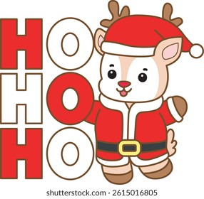 Cute Deer vector icon. Funny baby Deer animal series stock illustration. Life of fluffy Deer designs. baby deer with ho ho ho text in the christmas