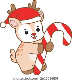 Cute Deer vector icon. Funny baby Deer animal series stock illustration. Life of fluffy Deer designs. baby Santa deer with stick christmas
