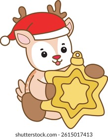 Cute Deer vector icon. Funny baby Deer animal series stock illustration. Life of fluffy Deer designs. baby deer with yellow stars Christmas decoration
