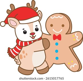 Cute Deer vector icon. Funny baby Deer animal series stock illustration. Life of fluffy Deer designs. baby Santa deer with ginger bread christmas season
