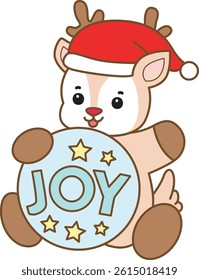 Cute Deer vector icon. Funny baby Deer animal series stock illustration. Life of fluffy Deer designs. baby Santa deer with Joy decoration

