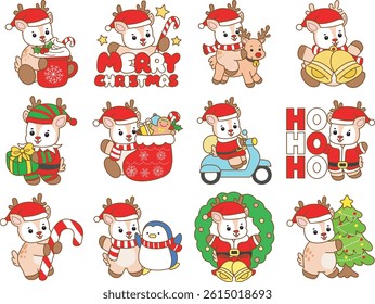 Cute Deer vector icon. Funny baby Deer animal series stock illustration. Life of fluffy Deer designs. baby deer in the variation of Christmas season
