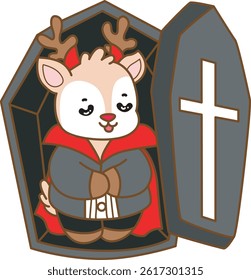 Cute Deer vector icon. Funny baby Deer animal series stock illustration. Life of fluffy Deer designs.
baby deer with vampire costume in the Coffin
