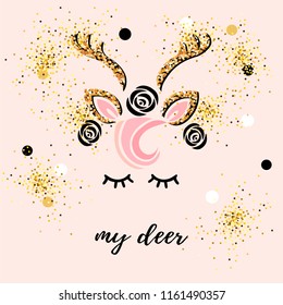 Cute Deer vector illustration as logo, badge, patch isolated on pink background. Deer for invitation, birthday, greetings, party, Merry Christmas motive, t-shirt design.