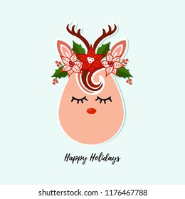 Cute Deer vector illustration as logo, badge, patch isolated on background. Deer for invitation, birthday, greeting, party, Merry Christmas motive, t-shirt design, winter holidays. Happy holidays card