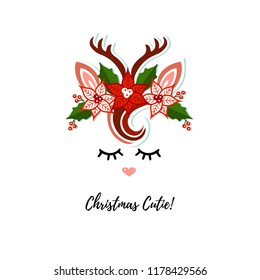 Cute Deer vector illustration as logo, badge, patch isolated on background. Deer for invitation, birthday, greeting, party, Merry Christmas motive, t-shirt design, winter holidays. Happy holidays card