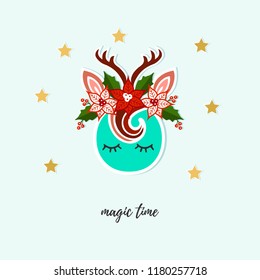 Cute Deer vector illustration as logo, badge, patch isolated on background. Deer for invitation, birthday, greeting, party, Merry Christmas motive, t-shirt design, winter holidays. Happy holidays card