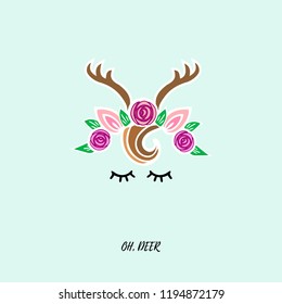 Cute Deer vector illustration as logo, badge, patch isolated on background. Deer for invitation, birthday, greetings, party, Merry Christmas motive, t-shirt design.