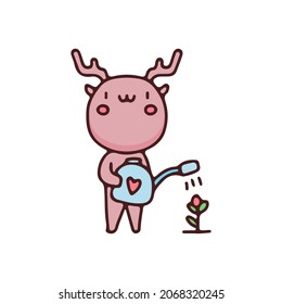 cute deer watering the flower. cartoon for sticker.