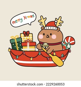 Cute deer wear santa claus stay on boat with gift box and candy in christmas concept.Animal character cartoon design.Winter.New year festival.Kawaii.Vector.Illustration.
