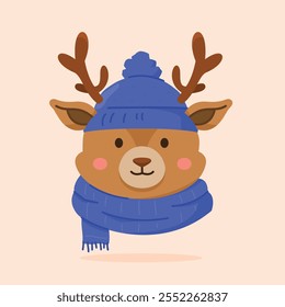 cute deer wearing christmas hat and scarf, cute christmas icon in animal shape, suitable for poster and web icon