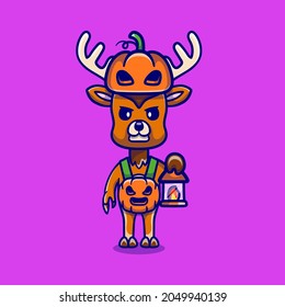 cute deer wearing halloween pumpkin costume, suitable for Halloween t-shirt designs or cute halloween animal mascots