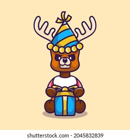 cute deer wearing hat and birthday present, suitable for happy new year or birthday t-shirt designs and cute animal mascots