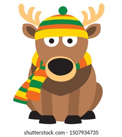 Cute deer wearing a knitted warm hat, and a scarf. Vector flat illustration isolated on the white background