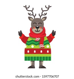 Cute  deer wearing a red winter scarf and clothes. vector illustration