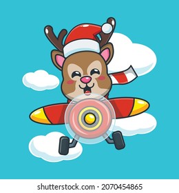 Cernícalo de ciervo con sombrero de santa con avión. Dibujo de caricaturas de navidad.