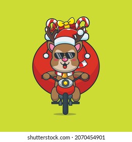 Cute deer wearing santa hat riding a motorcycle. Cute christmas cartoon illustration.
