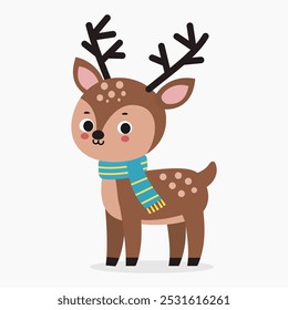 Cute deer wearing a scarf flat style vector illustration isolated on white background
