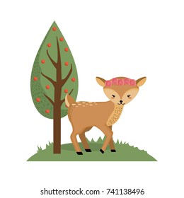 cute deer wild animal next to tree