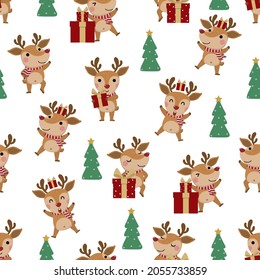 Cute deer in winter costume, Christmas tree and red gift seamless pattern. Animal cartoon holidays background. Wildlife character. 