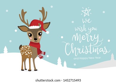 cute deer in winter costume. Merry Christmas and Happy new year greeting card. Holidays cartoon character.