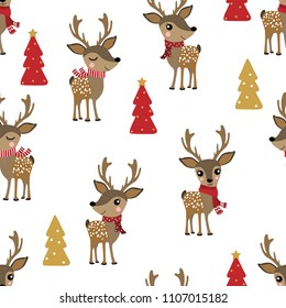 Cute deer in winter costume seamless pattern. Animal cartoon holidays background. Wildlife character. Christmas wrapping.