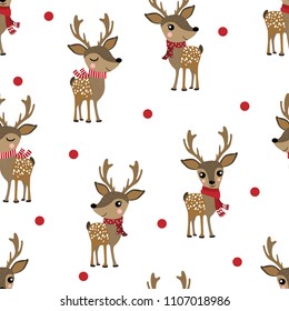 Cute deer in winter costume seamless pattern and background. Animal cartoon holidays . Wildlife character. Christmas wrapping.