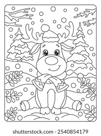 Cute deer in the winter forest. Christmas vector black and white illustration. Coloring book for children.