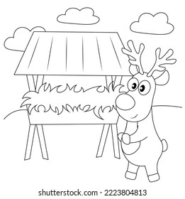 Cute deer in the winter forest at the feeder with hay. Coloring book for children